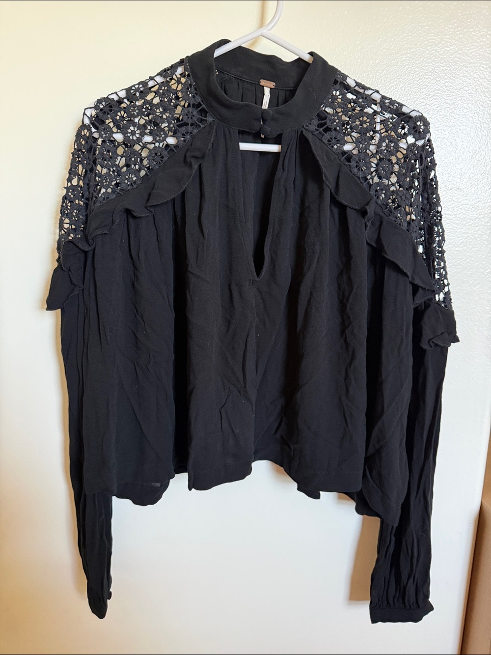 Free People Black Crochet Shoulder Peasant Blouse